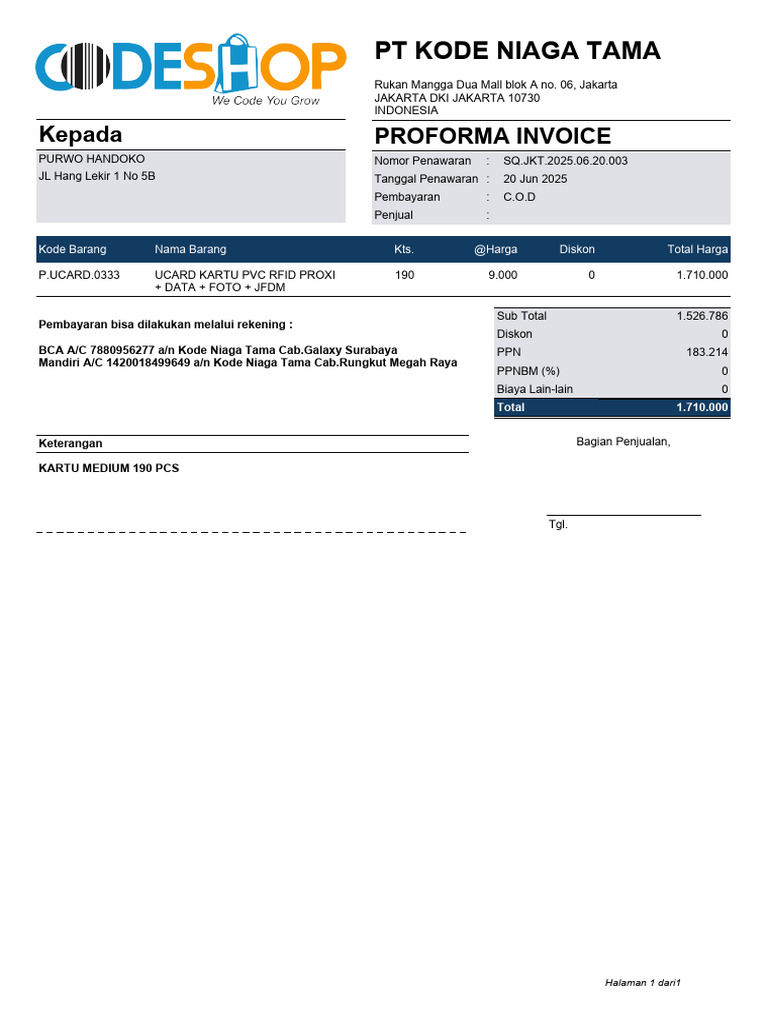 Revisi Proforma Inv Purwo Handoko Doff | PDF