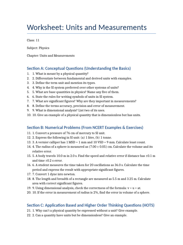 Units and Measurements Worksheet | PDF | Significant Figures ...