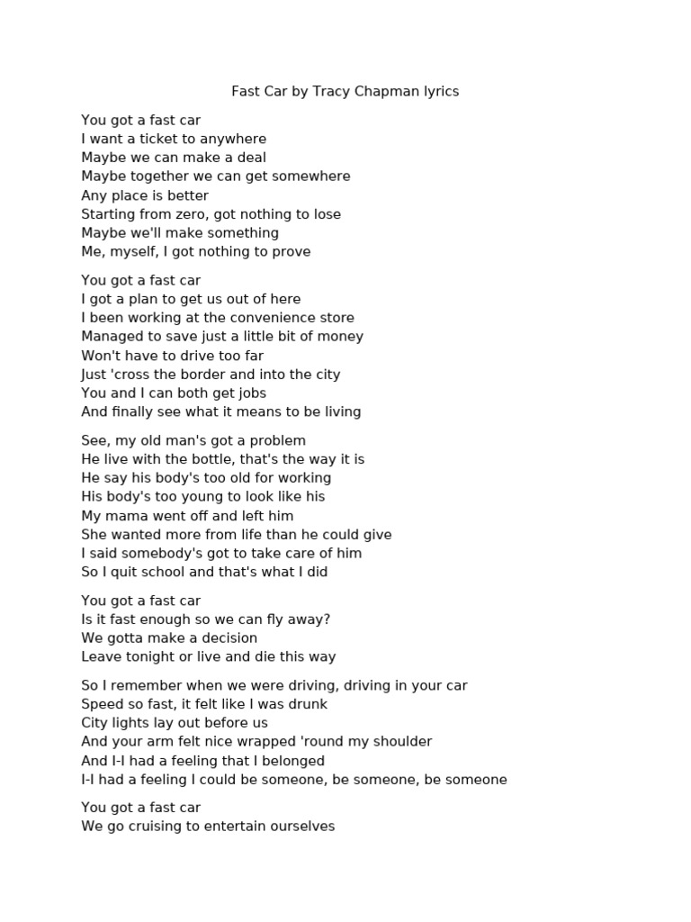 Fast Car Lyrics by Tracy Chapman | PDF | Recorded Music