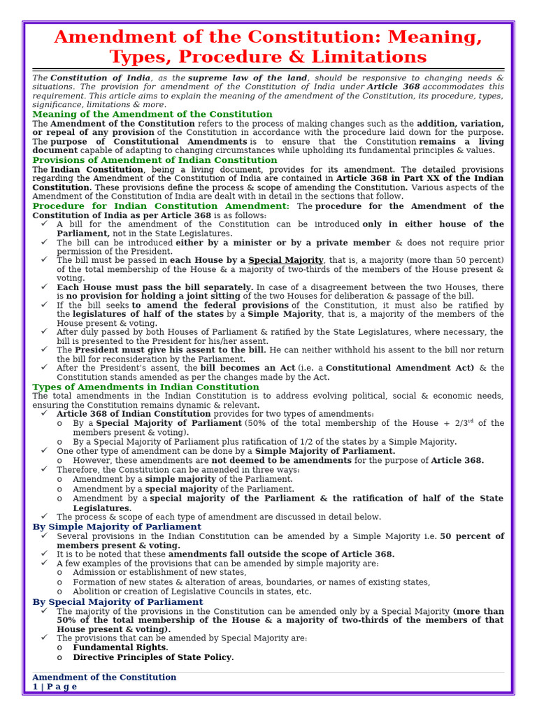 Indian Constitution Amendment Process | PDF | Constitutional Amendment ...