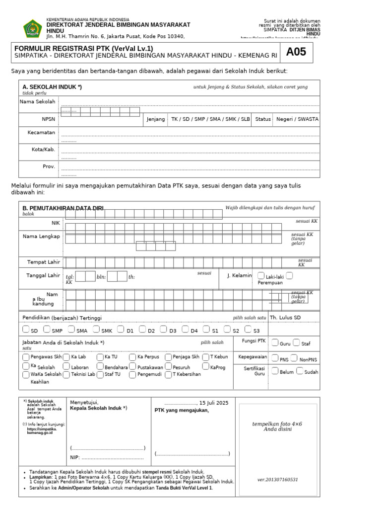 Formulir A05 Pemutakhiran Data PTK | PDF