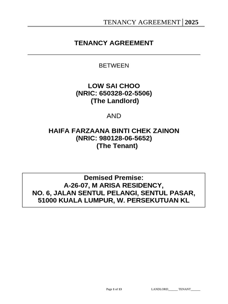 Tenancy Agreement 2025: Kuala Lumpur | PDF | Leasehold Estate | Lease