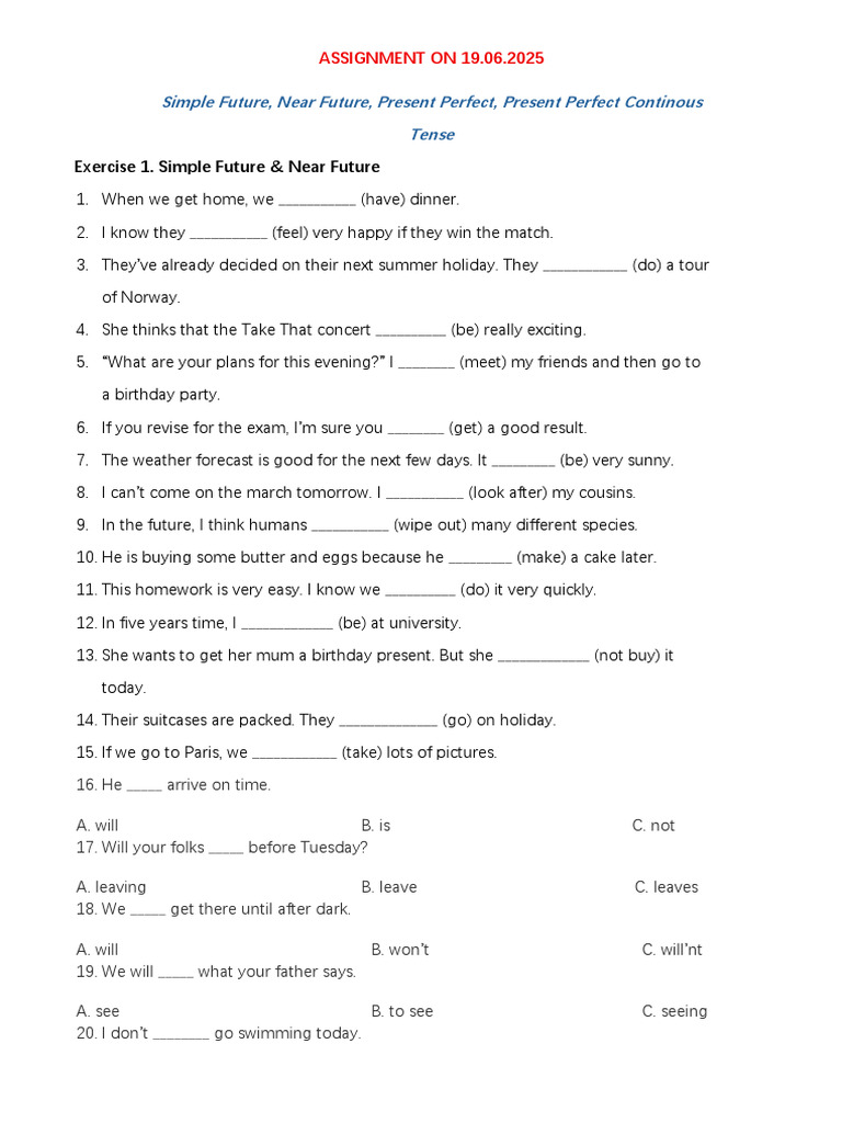 Tenses Exercise: Future & Perfect Forms | PDF