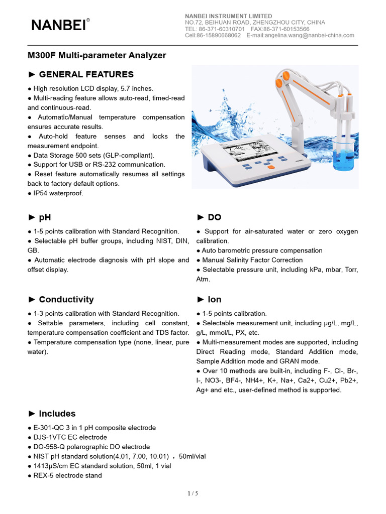 M300F Multi-parameter Analyzer Specs | PDF | Ph | Calibration