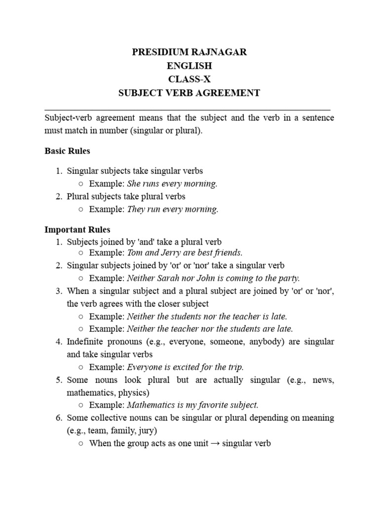 Subject-Verb Agreement Guide for Class 10 | PDF | Grammatical Number ...