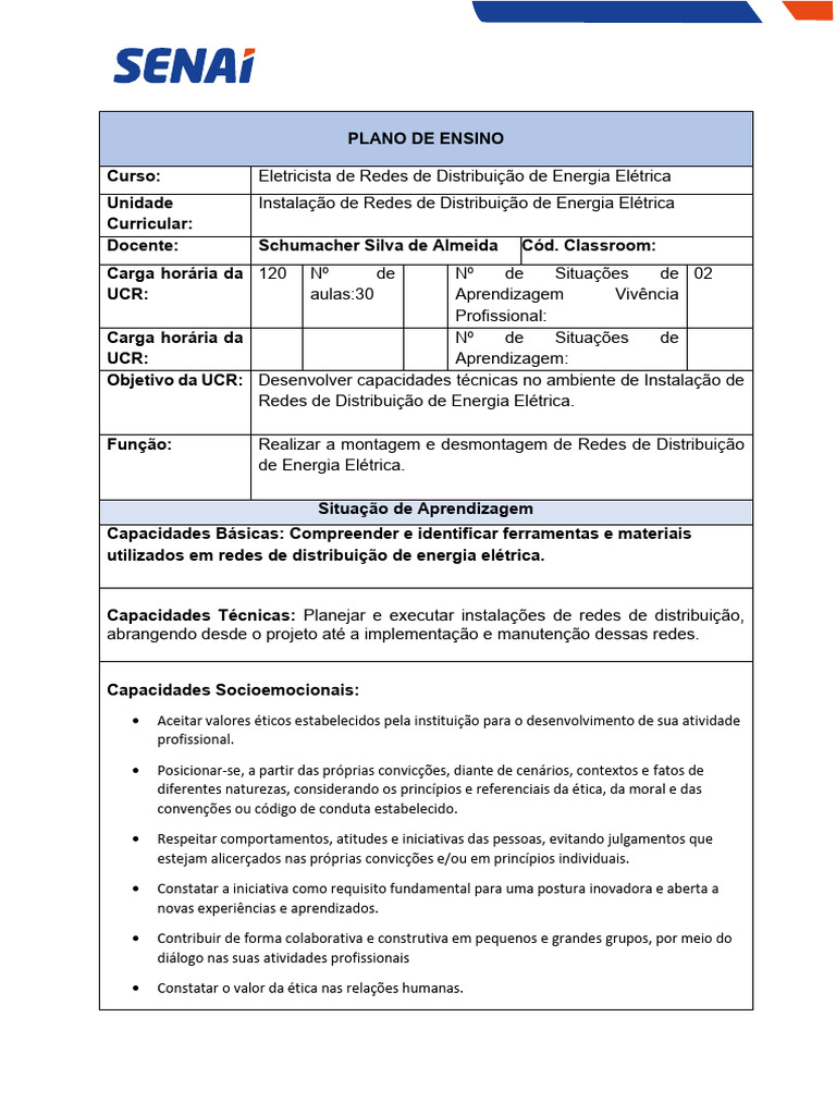 Plano de Aula Instalação de Redes de Distribuição - 120 Horas | PDF ...