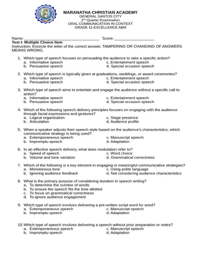 Grade 11 Oral Communication Exam Guide | PDF | Speech | Communication