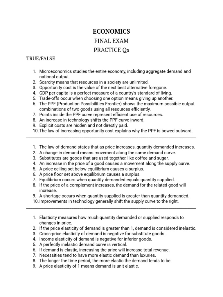 Economics Final Exam Practice Questions | PDF | Cost Of Living ...
