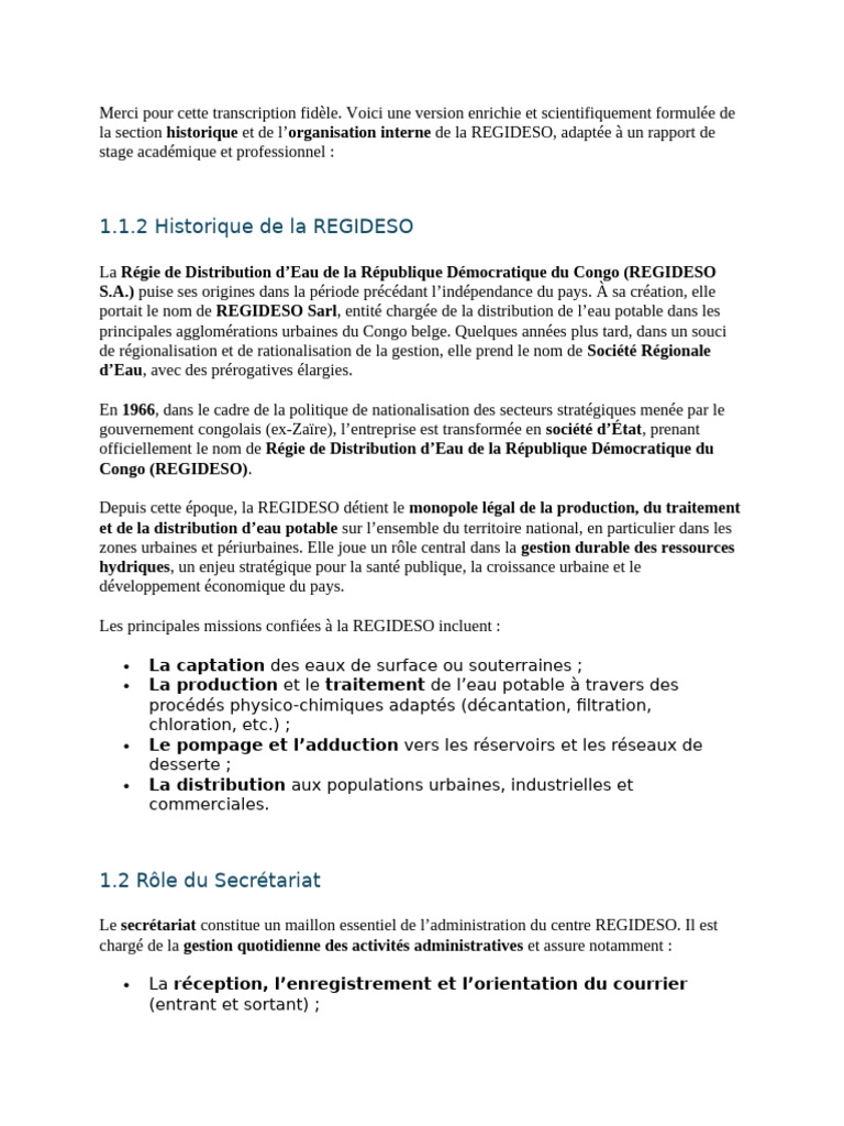 Historique de la REGIDESO en RDC | PDF | Eau | Boire de l'eau