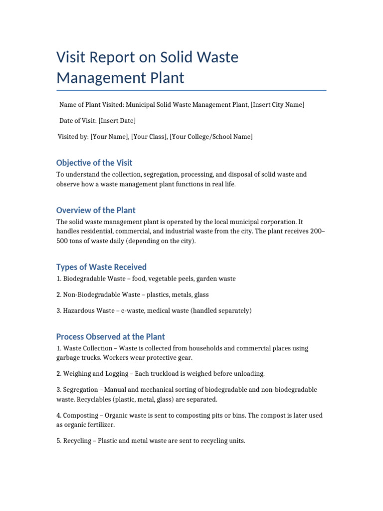 Solid Waste Management Plant Visit Report | PDF