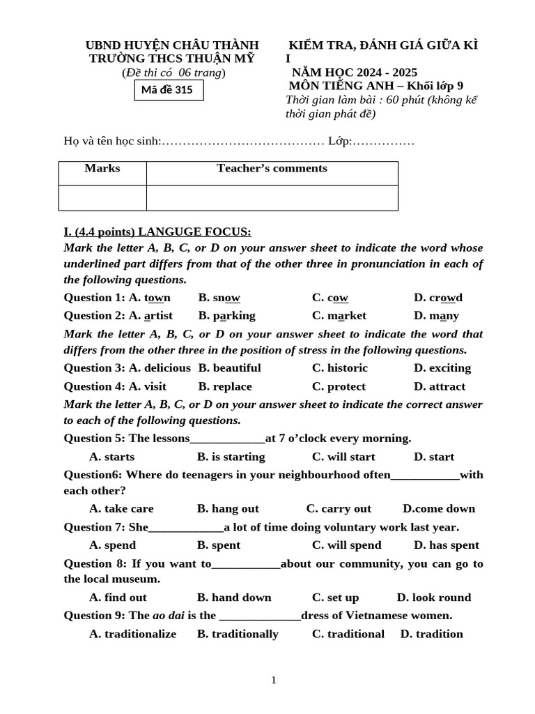 English Test for 9th Grade Students | PDF | Grandparent
