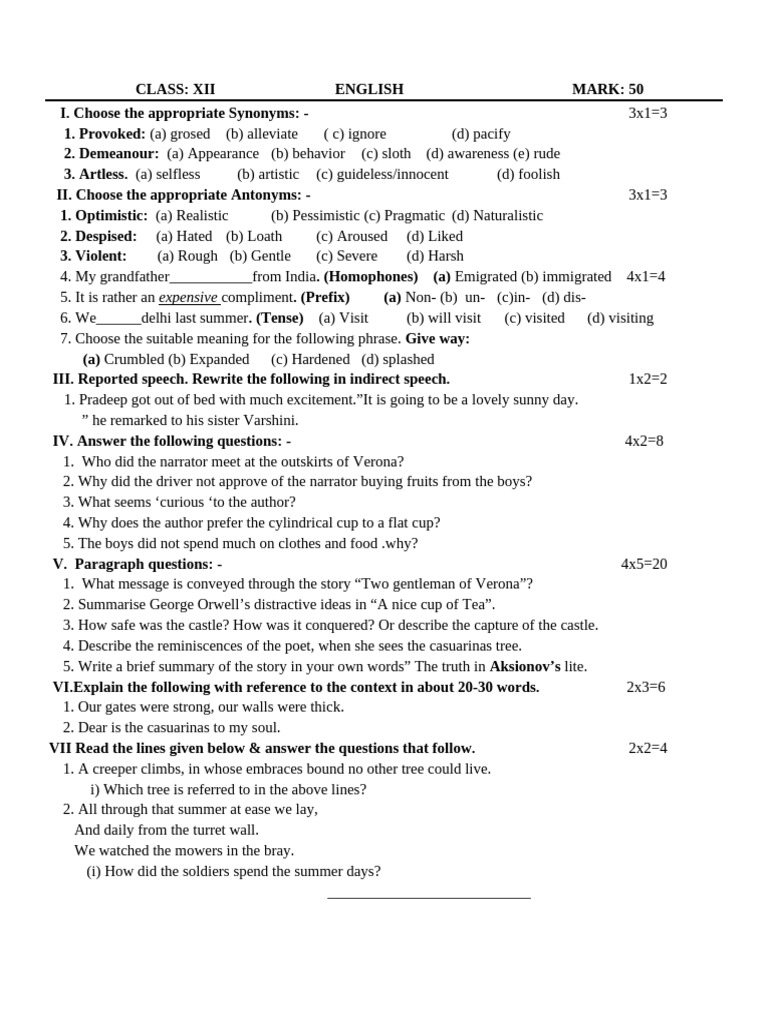 English Class XII: Synonyms & Antonyms | PDF