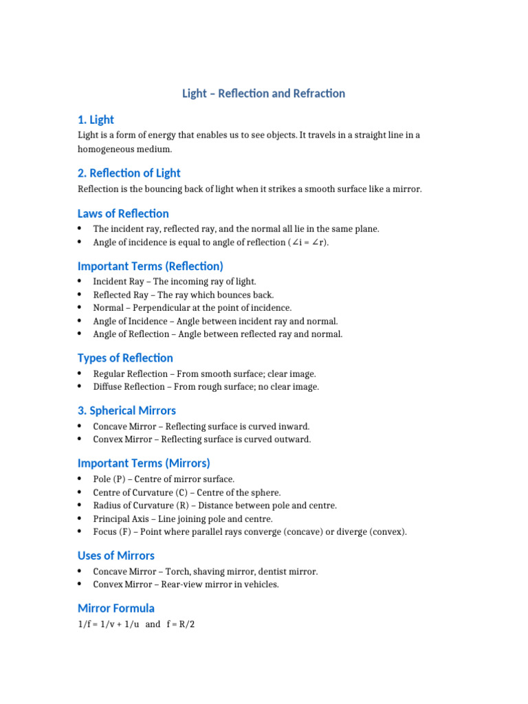 Light Reflection Refraction Class10 | PDF | Reflection (Physics) | Mirror
