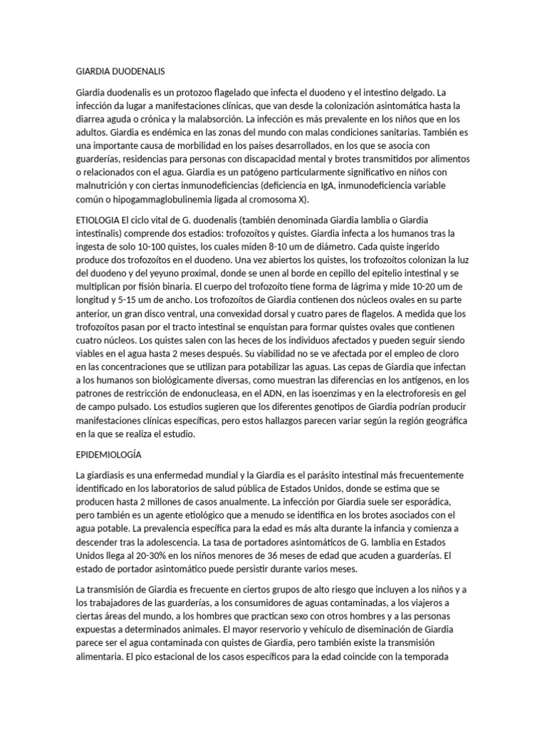 Giardia Duodenalis | PDF | Diarrea | Especialidades Medicas
