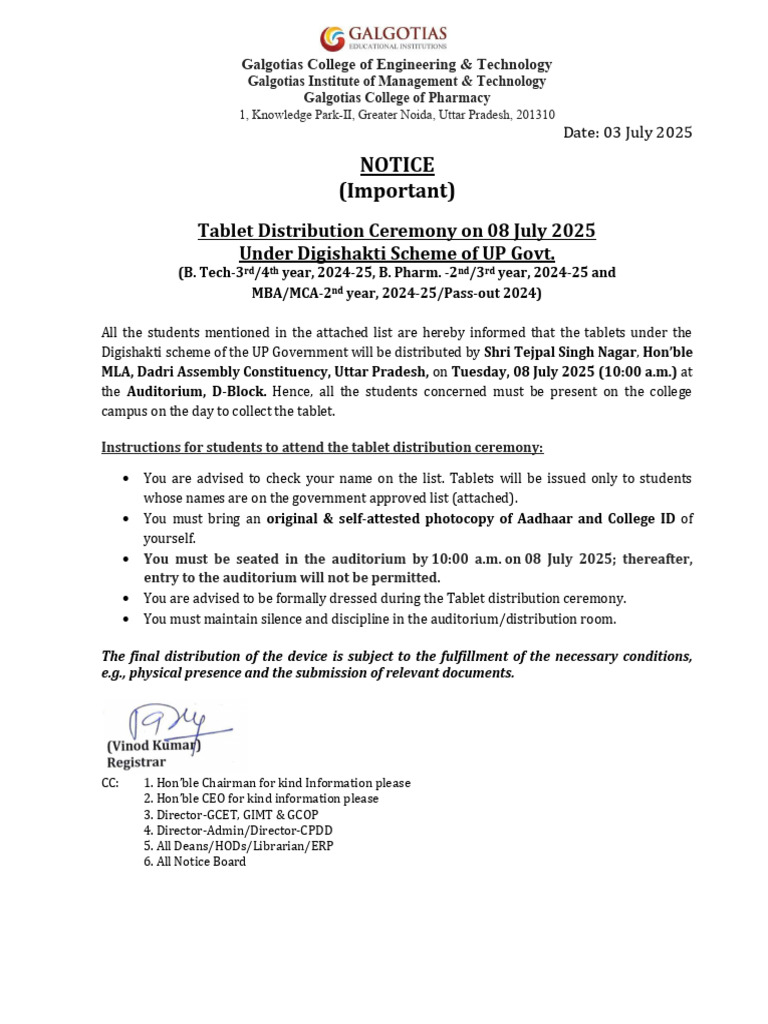 UP Tablet Distribution Notice 2025 | PDF