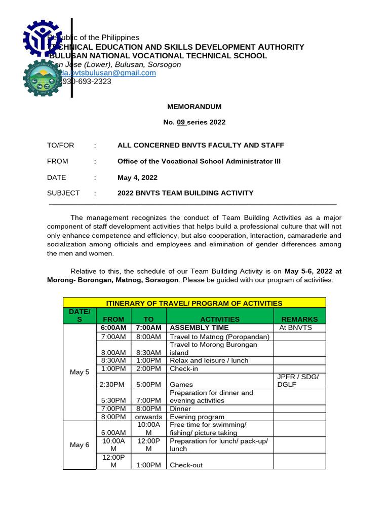 Memo No 09 S 2022-Team Building | PDF | Vocational Education ...