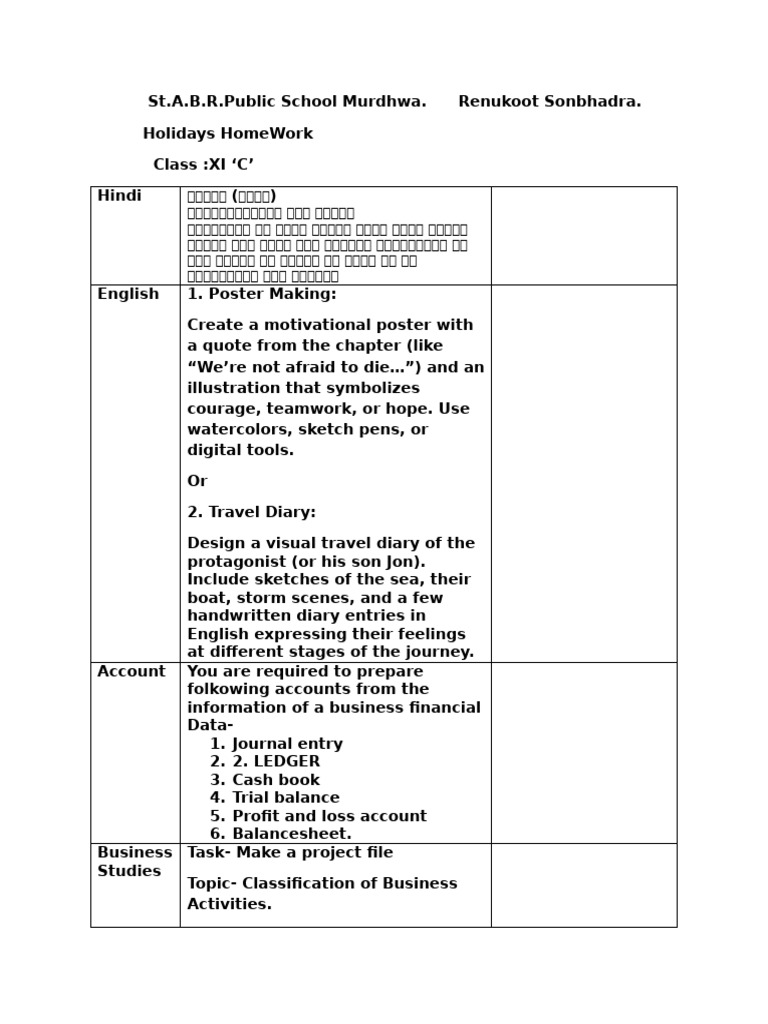 Class XI C Holiday Homework Assignments | PDF