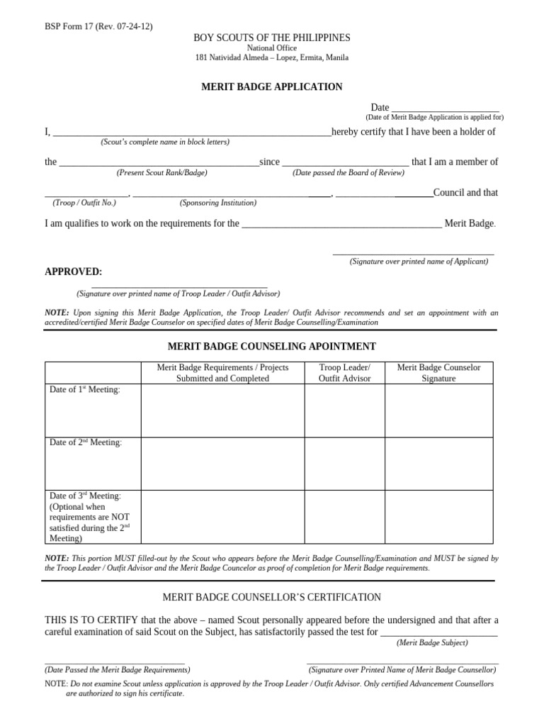 Merit Badge Application Form BSP | PDF | Girl Guiding And Girl Scouting ...