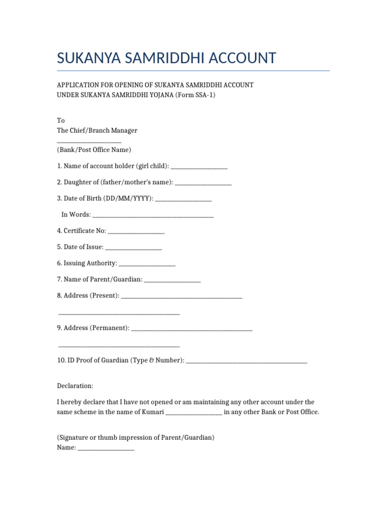 Sukanya Samriddhi Account Application Form | PDF