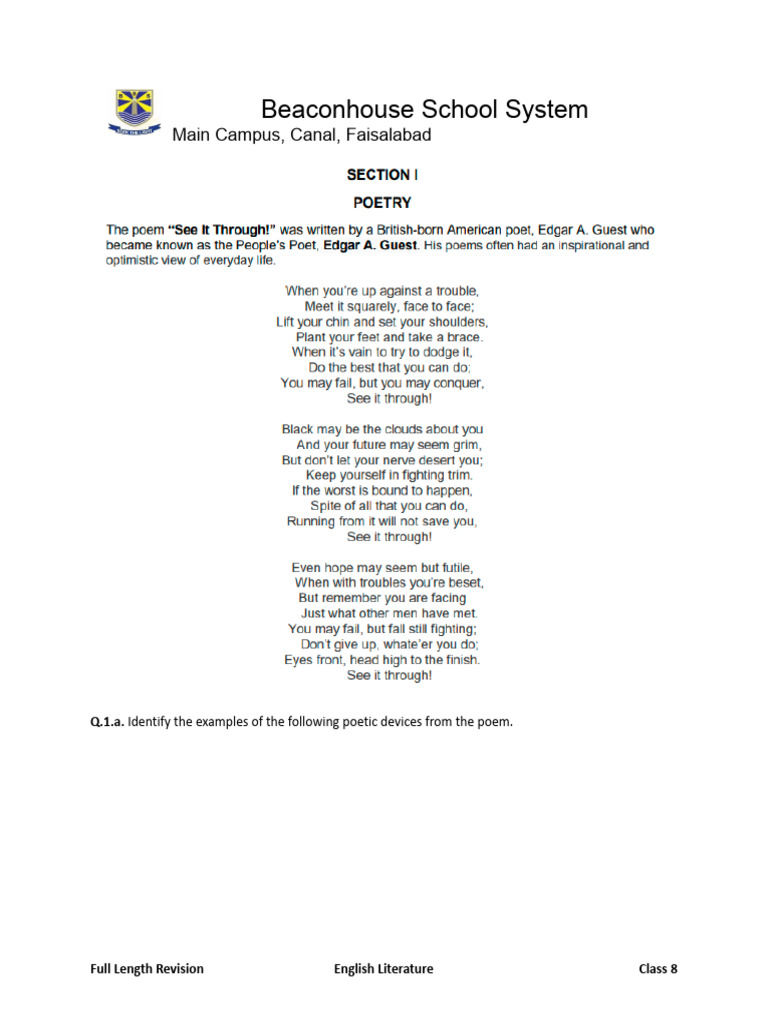 Class 8 English Literature Revision Guide | PDF | Narration | Poetry