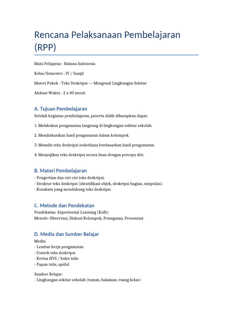 RPP Experiential Learning Kelas IV Bahasa Indonesia | PDF