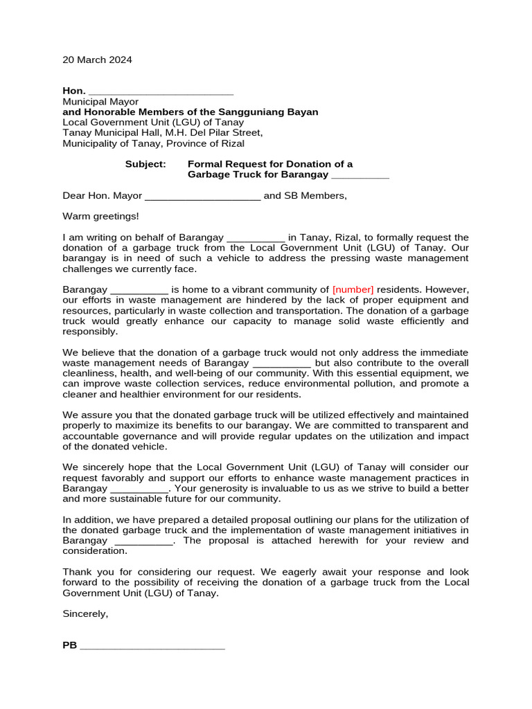 Request for Garbage Truck Donation | PDF | Waste Management | Waste