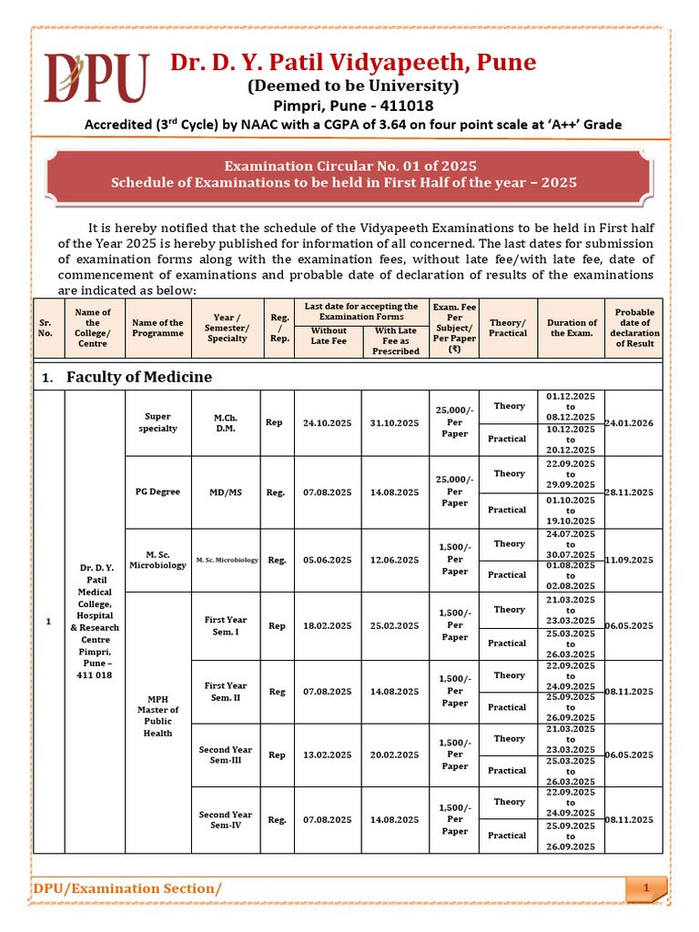 D.Y. Patil Vidyapeeth Exam Schedule 2025 | PDF | Doctor Of Medicine ...