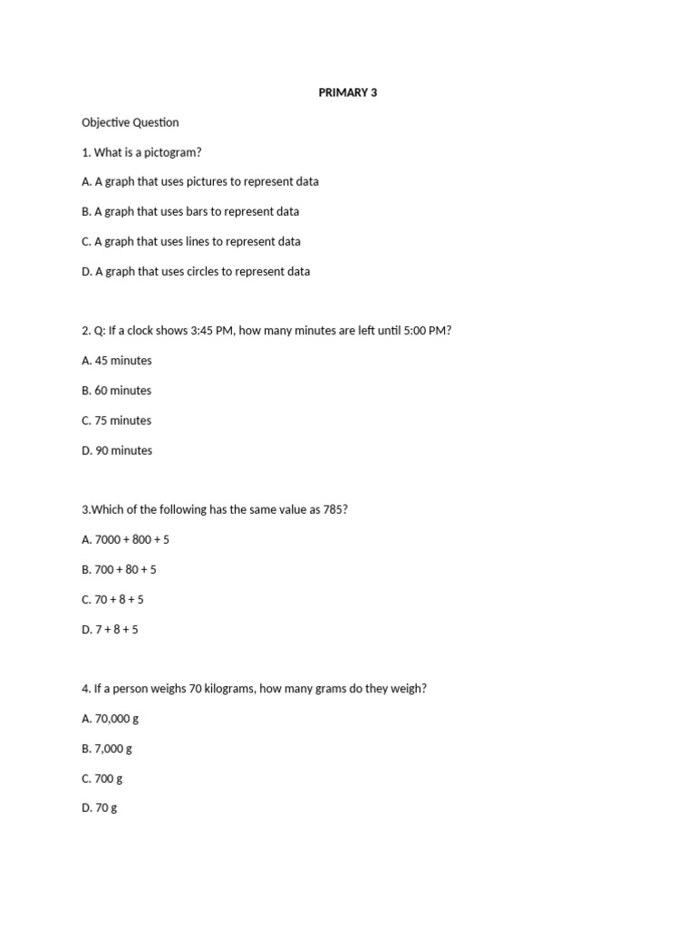 Primary 3 Mathematics Exam Questions | PDF