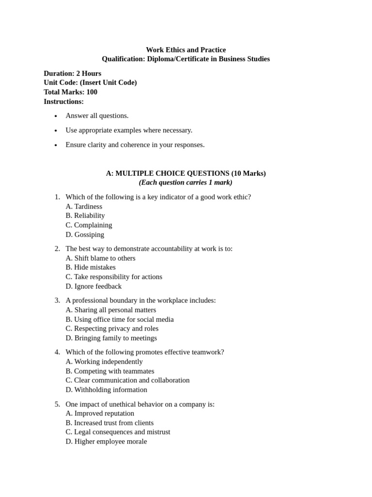 Work Ethics and Practices Exam Guide | PDF | Social Psychology | Business