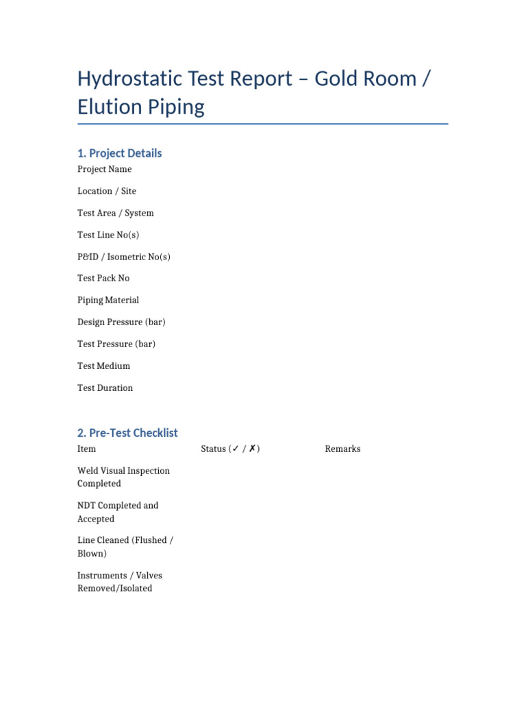 Hydrostatic Test Report Template GoldRoom Elution | PDF