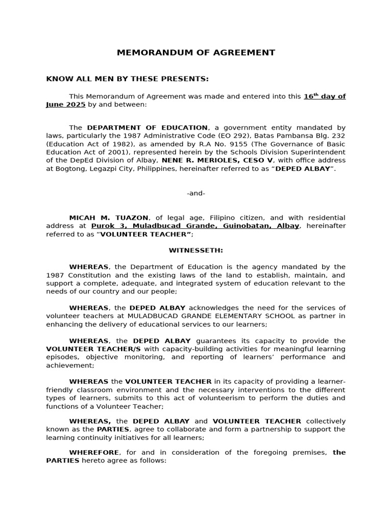 MOA for Volunteer Teacher 2025 | PDF | Teachers | Learning