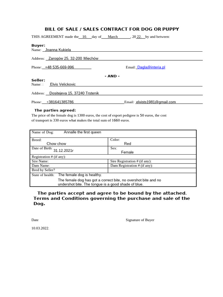 Dog Sale Contract for Chow Chow Puppy | PDF
