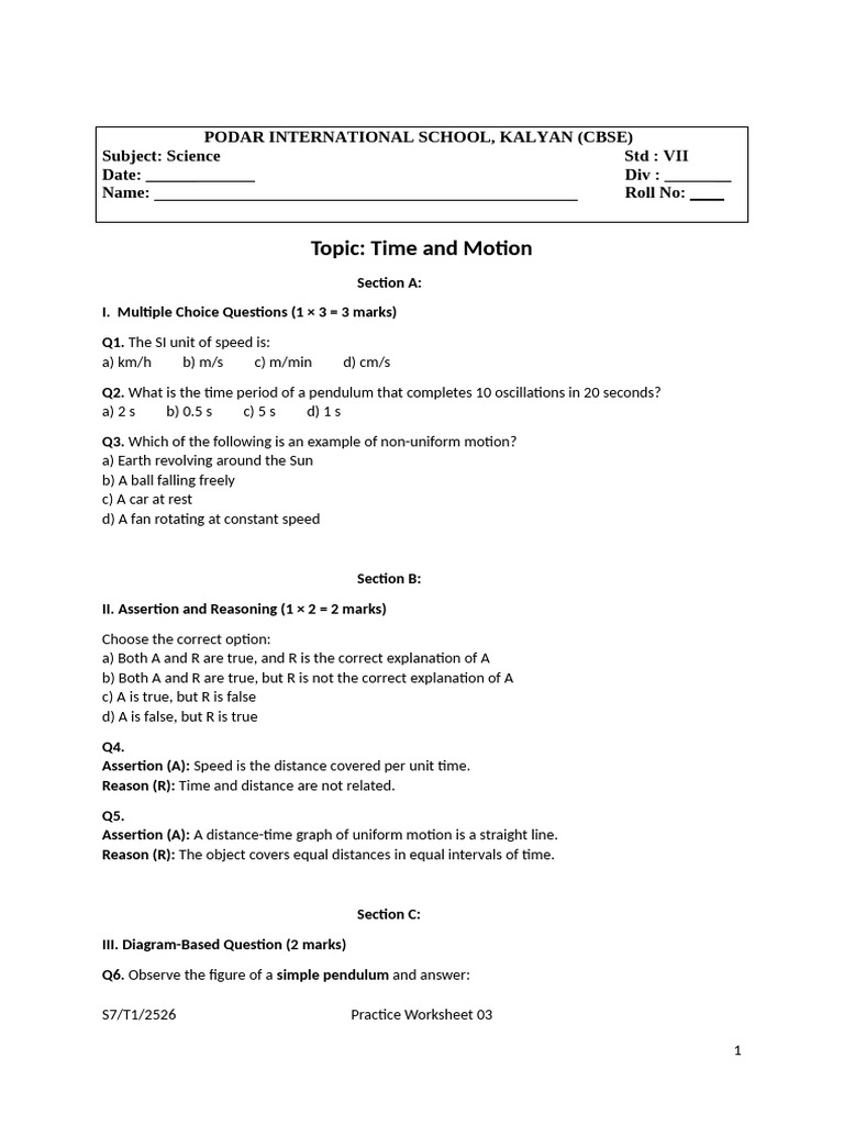 Time and Motion Worksheet for Grade 7 | PDF | Speed | Pendulum