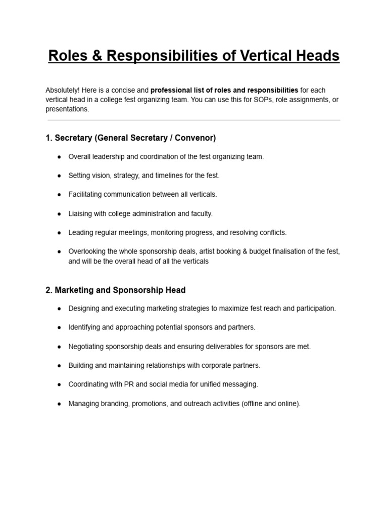 Vertical Heads' Roles in College Fest | PDF | Expense