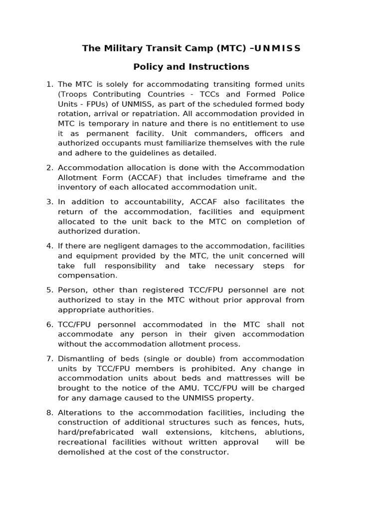 UNMISS Military Transit Camp Guidelines | PDF | Kitchen