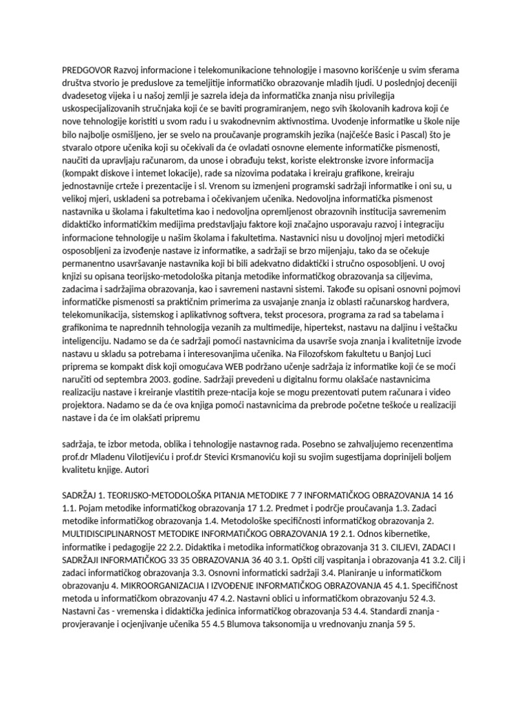 Metodika Informatičkog Obrazovanja Sa Osnovama Informatike | PDF