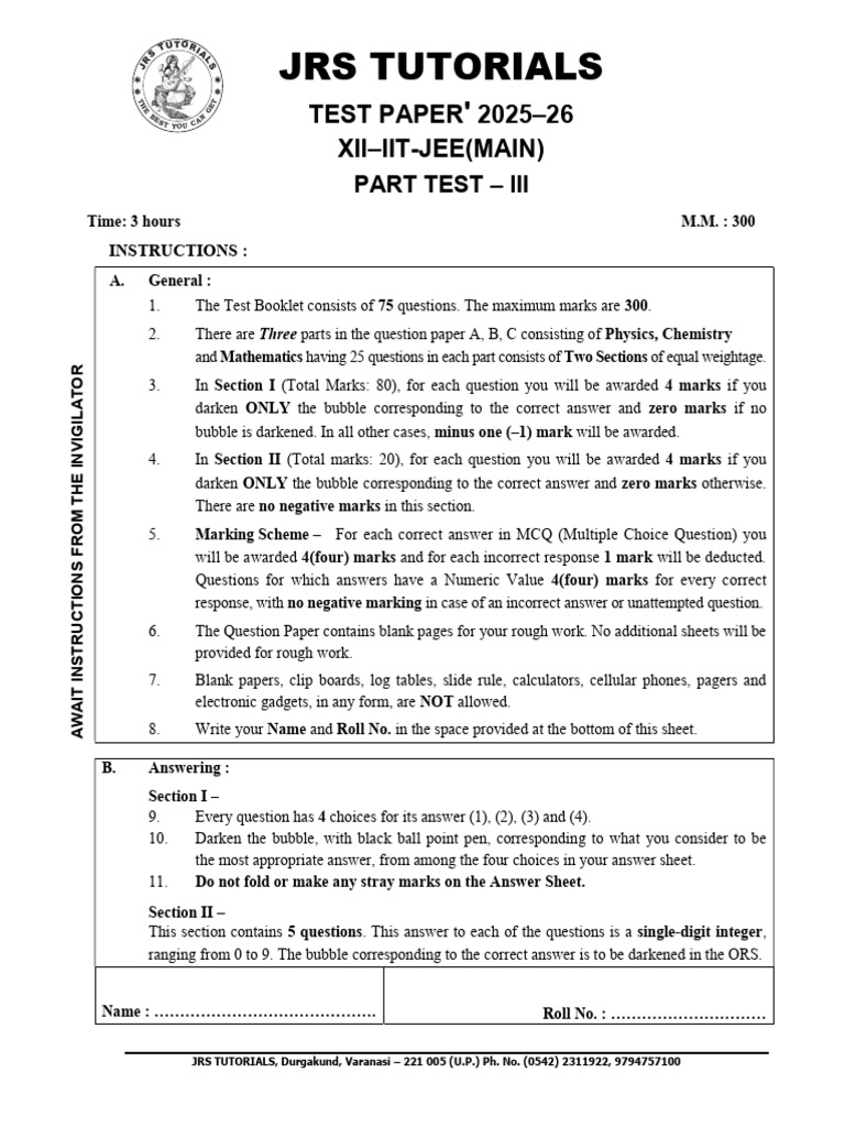 JRS Tutorials IIT-JEE Test Paper 2025-26 | PDF | Mirror | Electrical ...