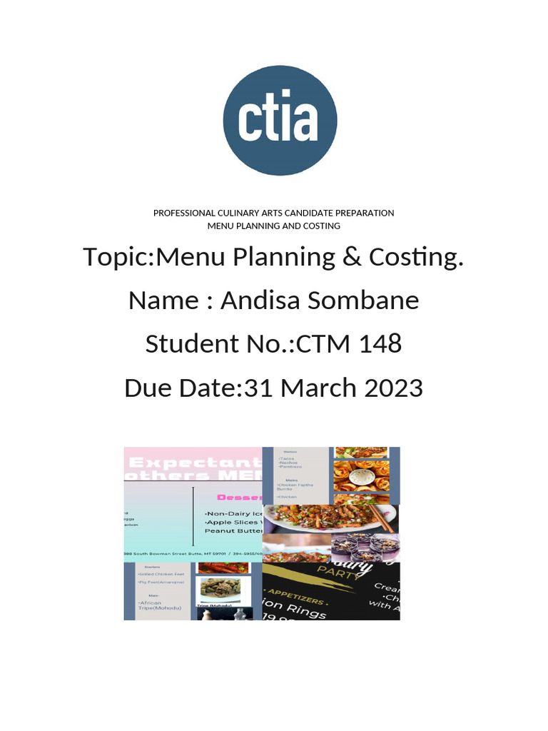 Culinary Arts Assignment (Menu Planning and Recipe Costing 1) | PDF ...