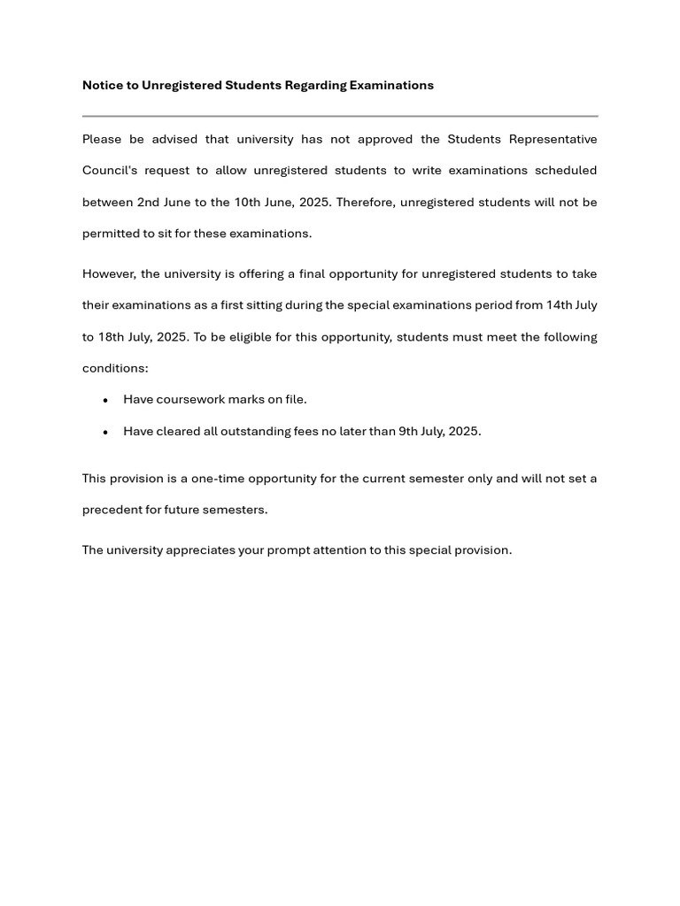 Notice To Unregistered Students Regarding Examinations | PDF