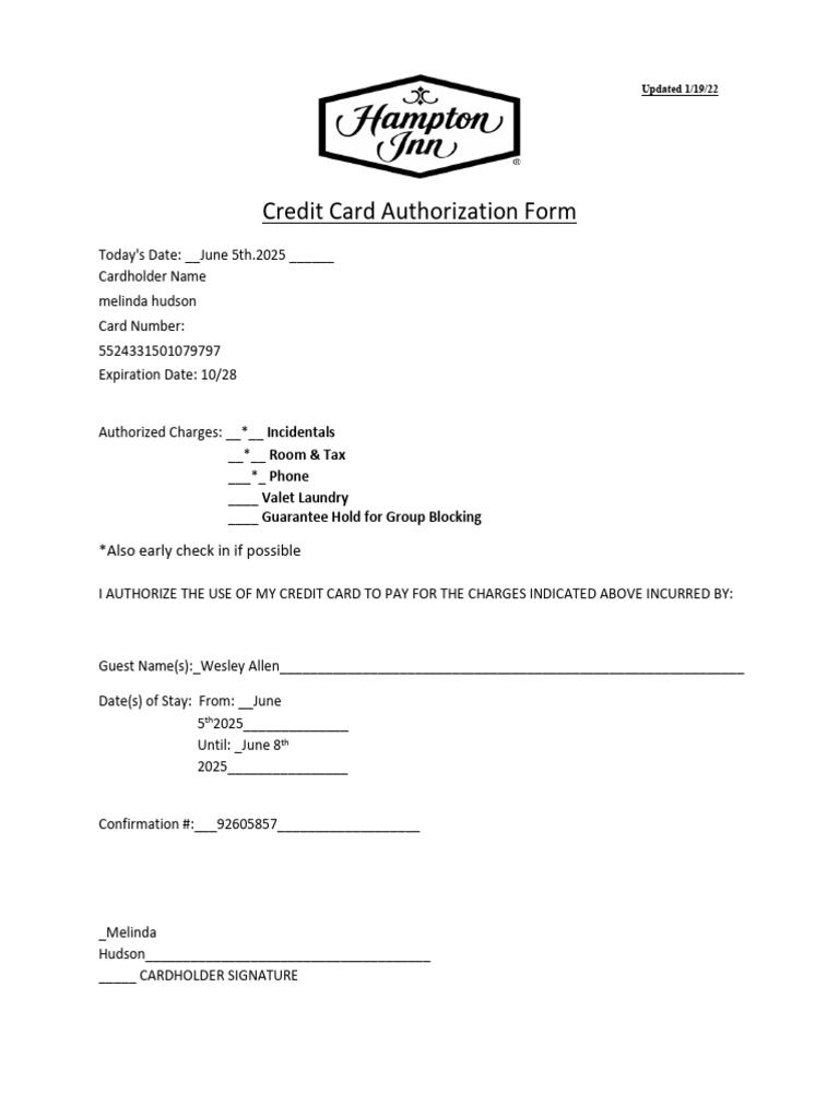 Hampton Inn Credit Card Authorization Form | PDF