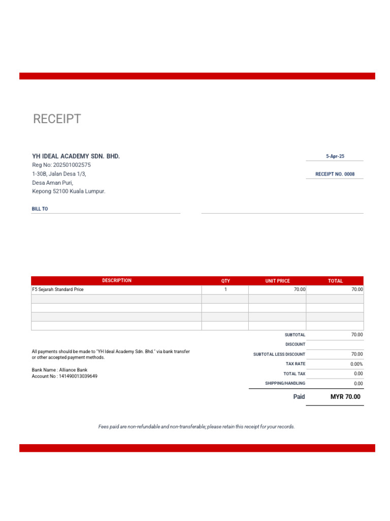 YH Ideal Academy Payment Receipt | PDF