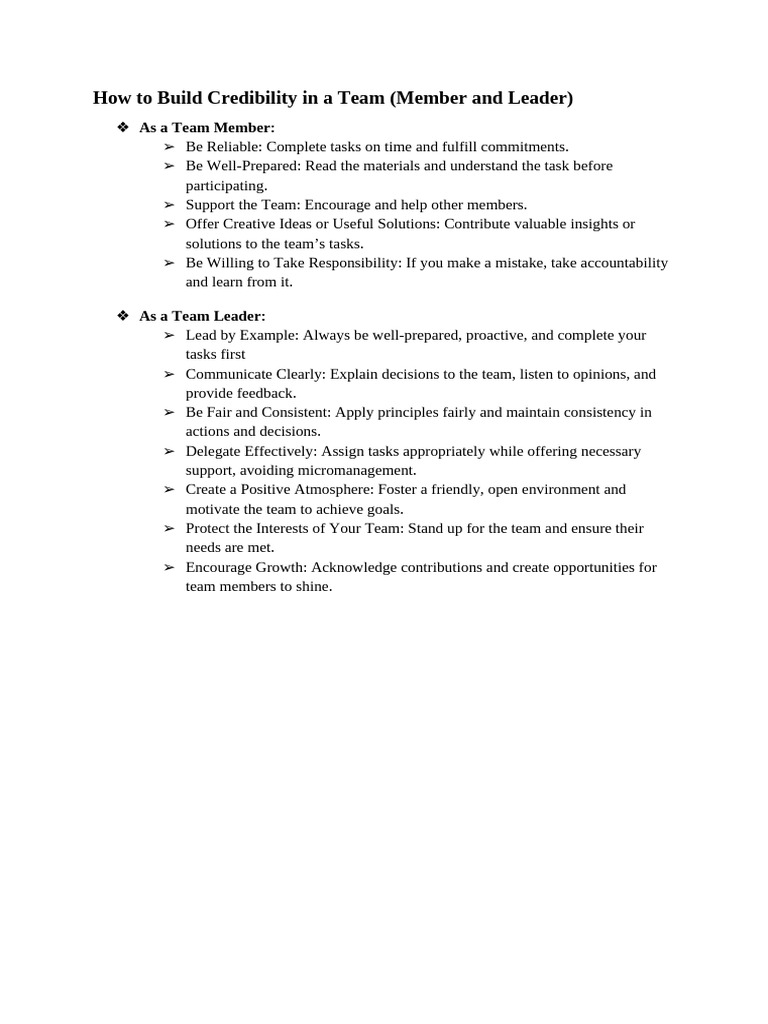 How To Build Credibility in A Team (Member and Leader) | PDF