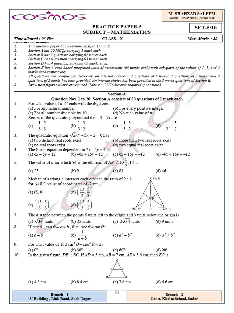 X-Maths (Practice Paper-5) QP For Cosmos | PDF | Circle | Area