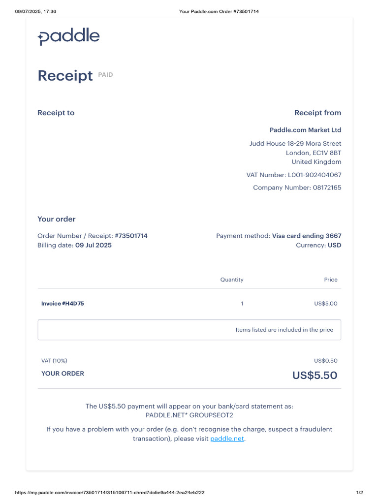 Your Paddle - Com Order #73501714 | PDF | Receipt | Payments