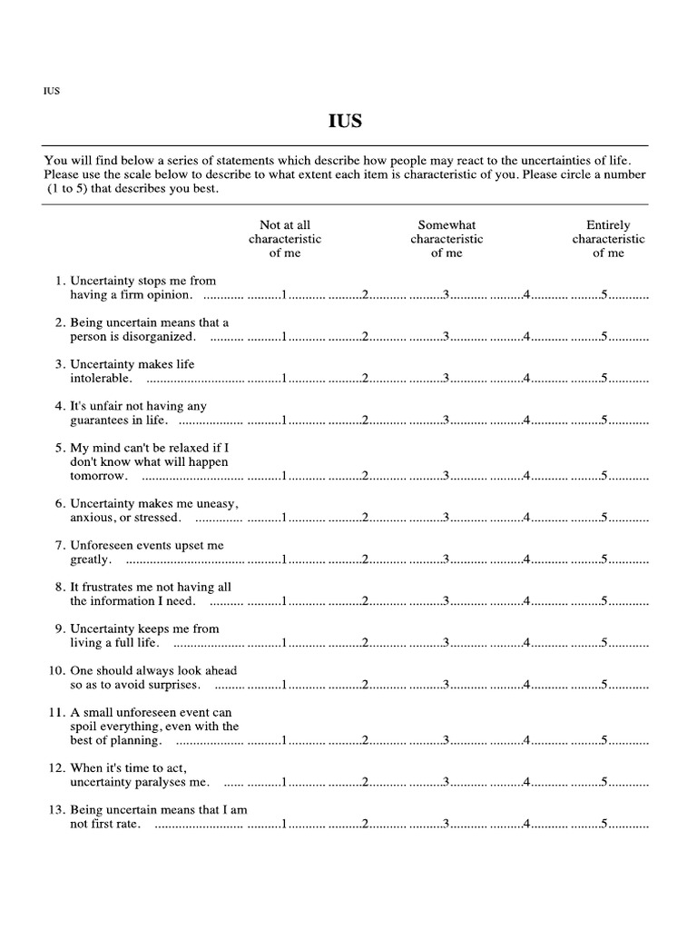Intolerance of Uncertainty Scale (IUS) | PDF