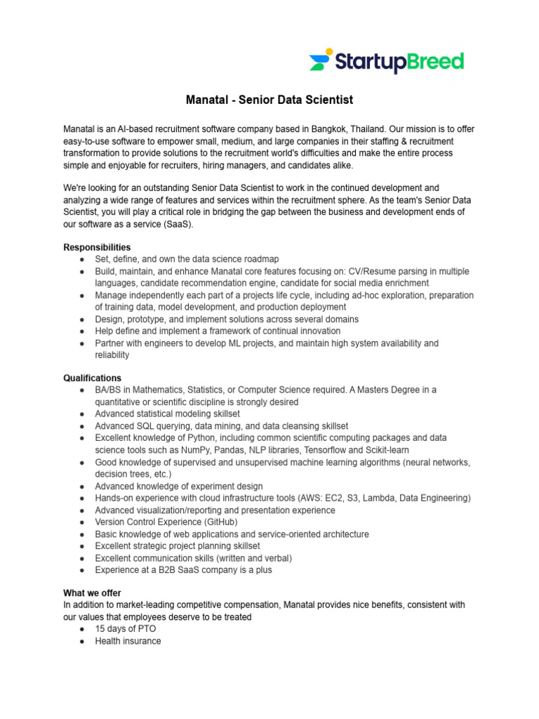 Senior Data Scientist Job at Manatal | PDF | Data Science | Data