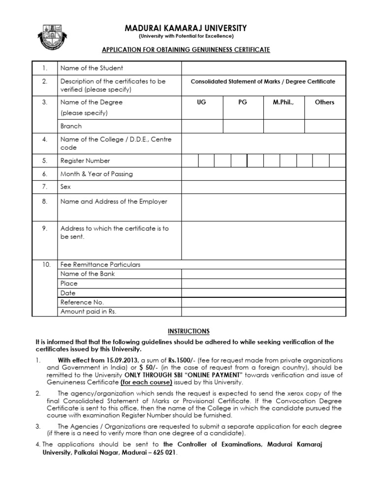 MK University Genuineness Certificate Fees | PDF