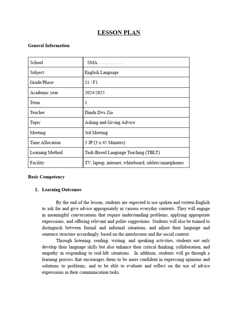 English Lesson Plan: Advice Skills | PDF | Lesson Plan | Learning