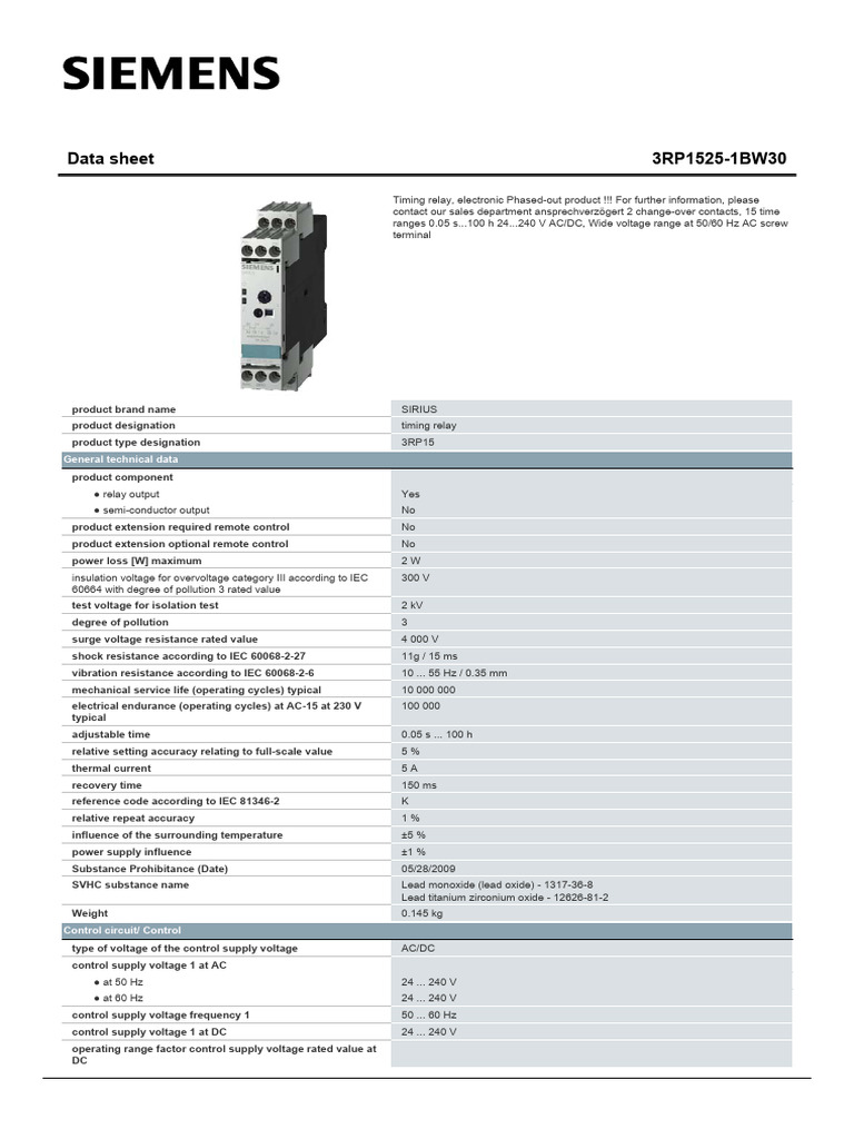 Siemens 3RP1525 Timing Relay Data Sheet | PDF | Relay | Alternating Current