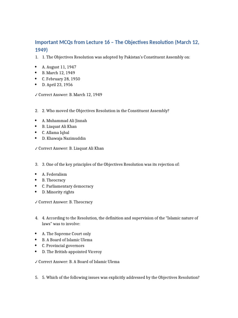 Important MCQs Lecture 16 Objectives Resolution | PDF | Pakistan ...